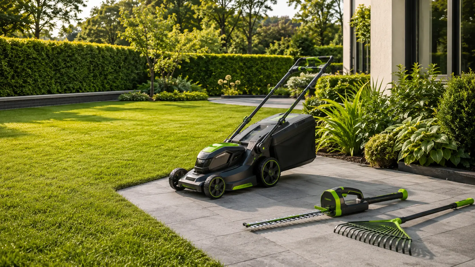 Gepflegter Garten mit bereitgestellten Arbeitsgeräten
